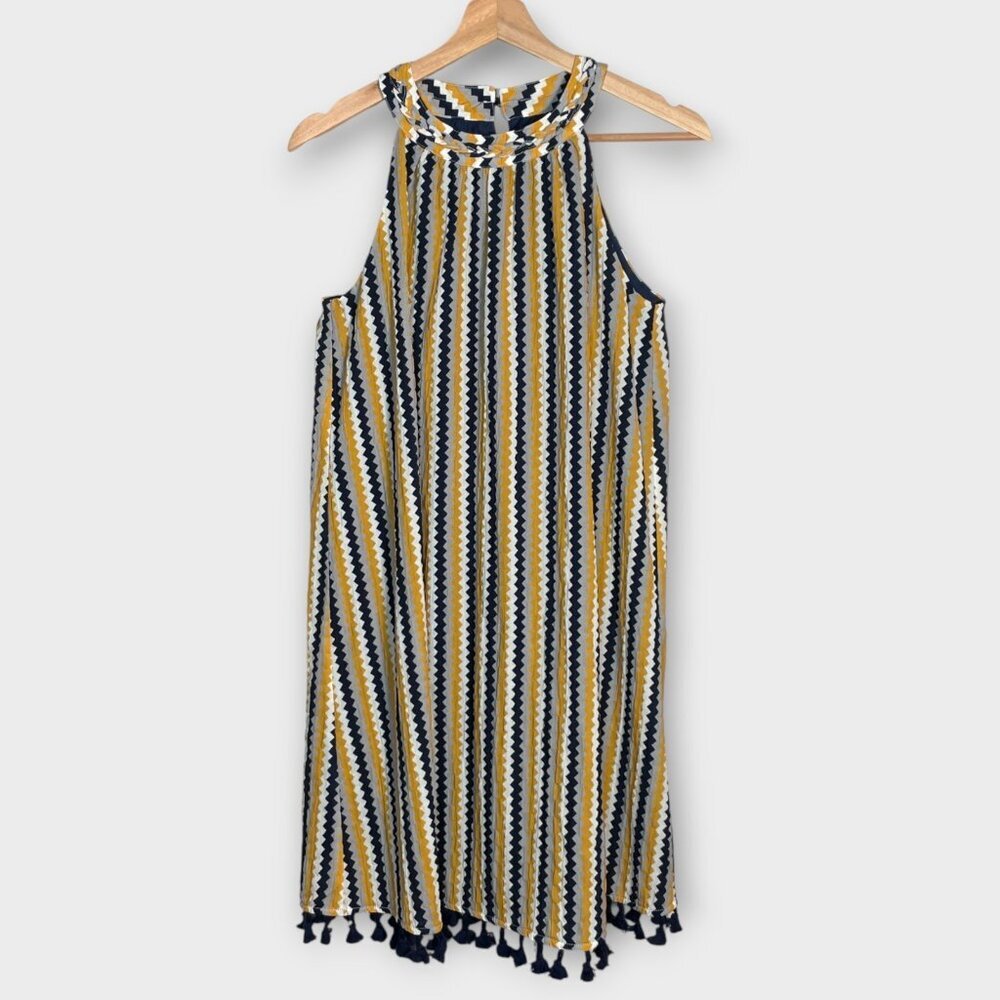 THML Dress SMALL Gold Blue Stripe Fringe Resortcore NEW